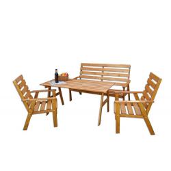 Venkovní dřevěný nábytek masivní- borovicové dřevo, stůl + 2 židle + lavice
