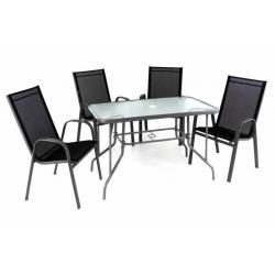 Kovový nábytek na terasu pro 4 osoby, stůl se skleněnou deskou + 4 židle, černá / šedá
