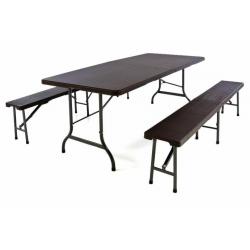 Skládací pivní set- stůl + 2 lavice, ratanový design, hnědý, 180 cm
