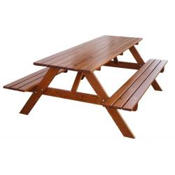 Dřevěný set nábytku na terasu / zahradu - stůl s lavicemi, borovice lakovaná, 180 cm