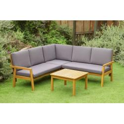 Dřevěný rohový venkovní set nábytku s polstrováním - lavice + nízký stolek, hnědá / šedá